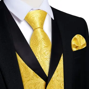 DiBanGu Flavescent Yellow Floral Silk Shawl Collar Mens Dress Vest Tie Set