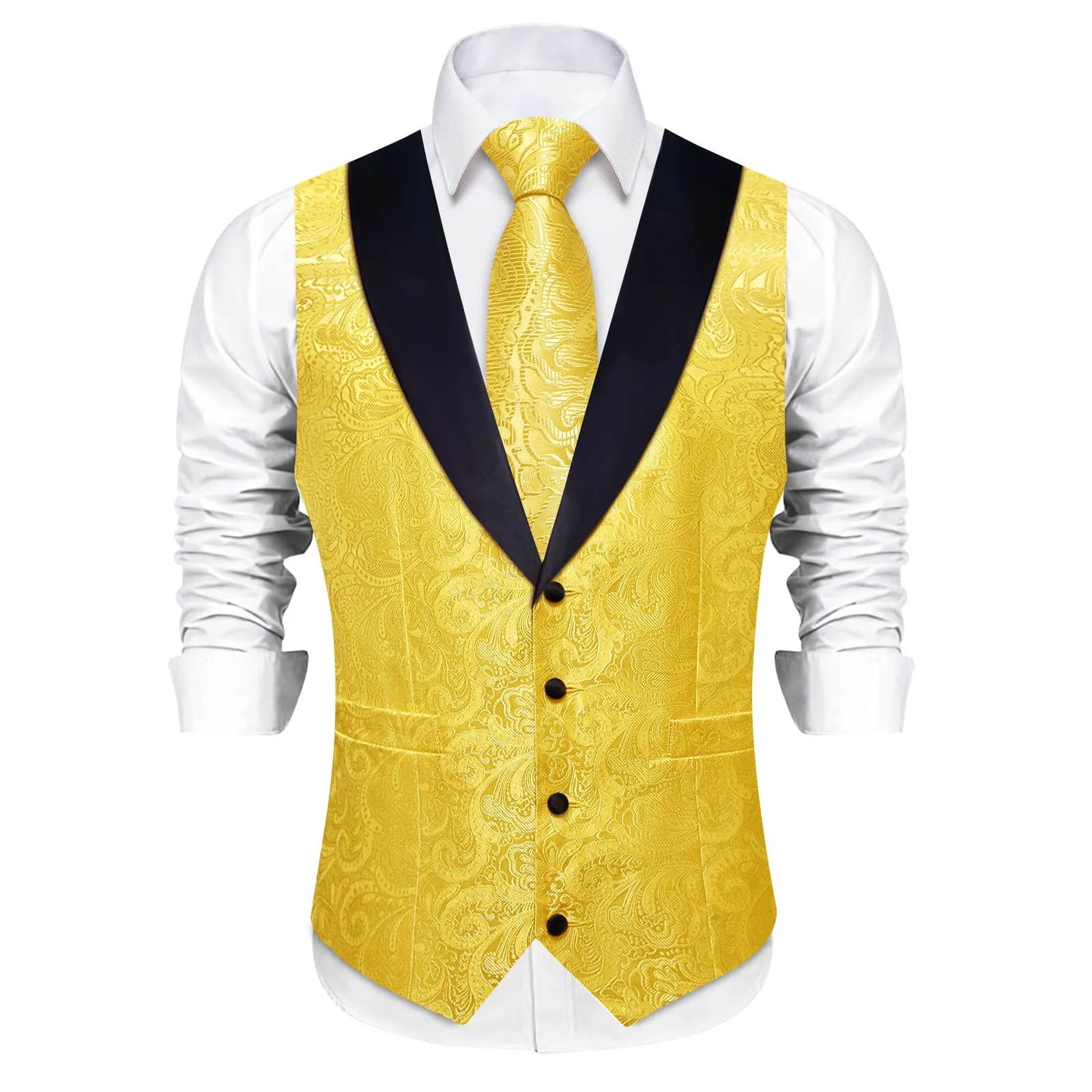 DiBanGu Flavescent Yellow Floral Silk Shawl Collar Mens Dress Vest Tie Set