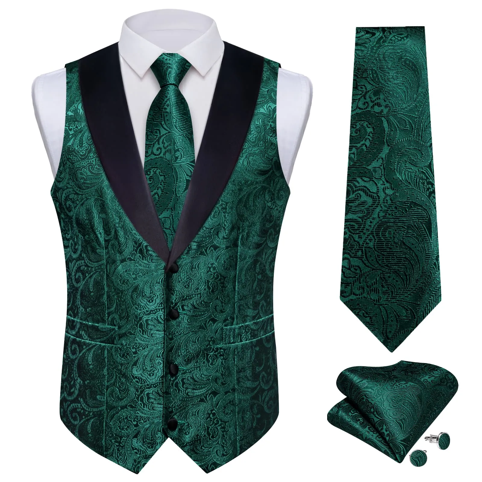 DiBanGu Medium Jungle Green Floral Silk Shawl Collar Mens Dress Vest Tie Set