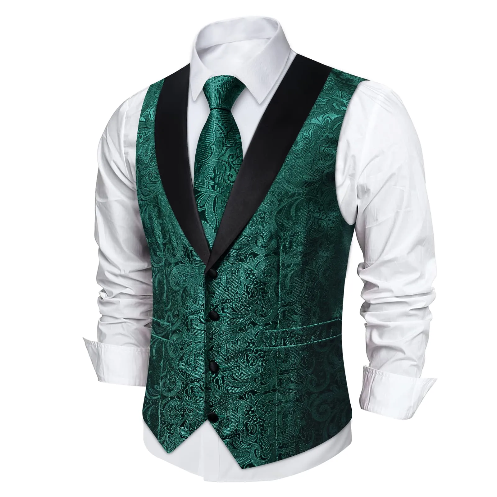 DiBanGu Medium Jungle Green Floral Silk Shawl Collar Mens Dress Vest Tie Set