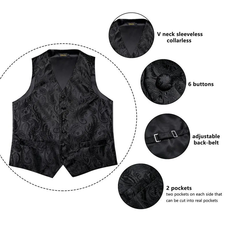 DiBanGu Mens Suit Vest Black Paisley Jacquard Silk Waistcoat Vest Tie Handkerchief Cufflinks Set