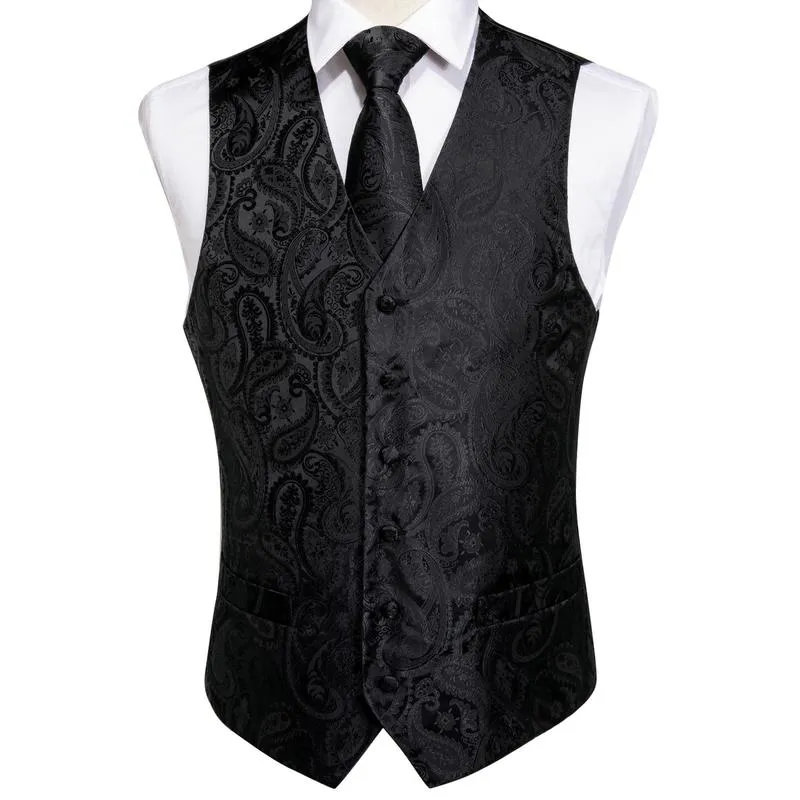 DiBanGu Mens Suit Vest Black Paisley Jacquard Silk Waistcoat Vest Tie Handkerchief Cufflinks Set