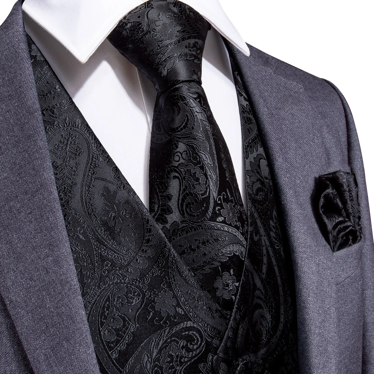 DiBanGu Mens Suit Vest Black Paisley Jacquard Silk Waistcoat Vest Tie Handkerchief Cufflinks Set