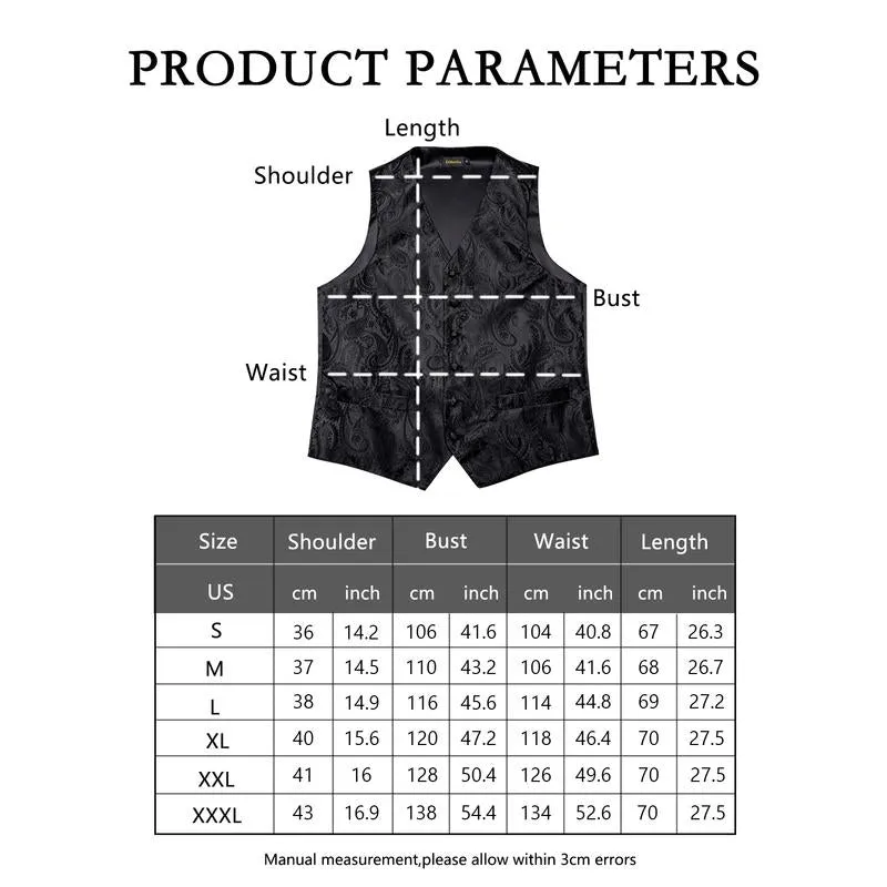 DiBanGu Mens Suit Vest Black Paisley Jacquard Silk Waistcoat Vest Tie Handkerchief Cufflinks Set