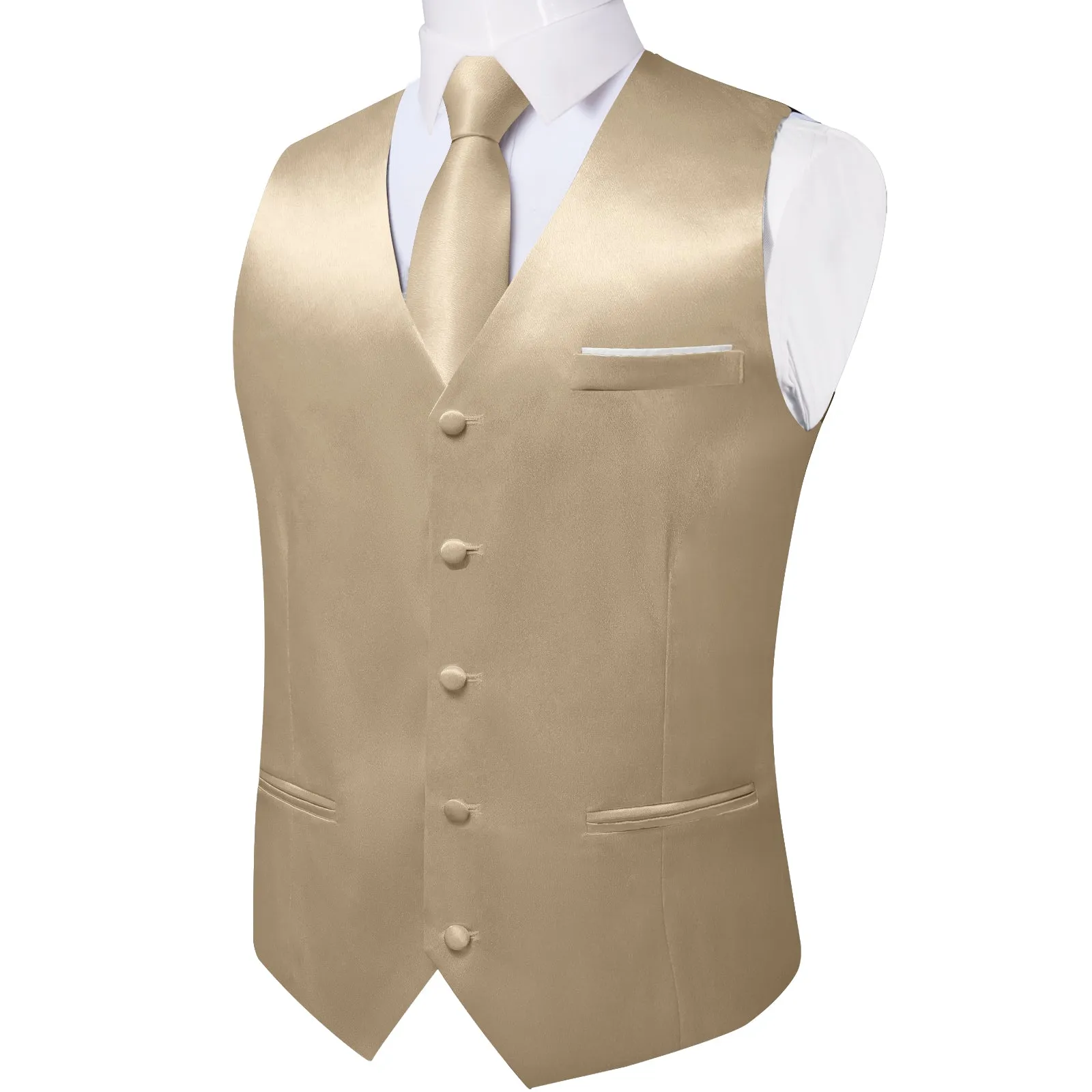 DiBanGu Mens Suit Vest Champagne Solid Satin Waistcoat Vest Tie Handkerchief Cufflinks Set