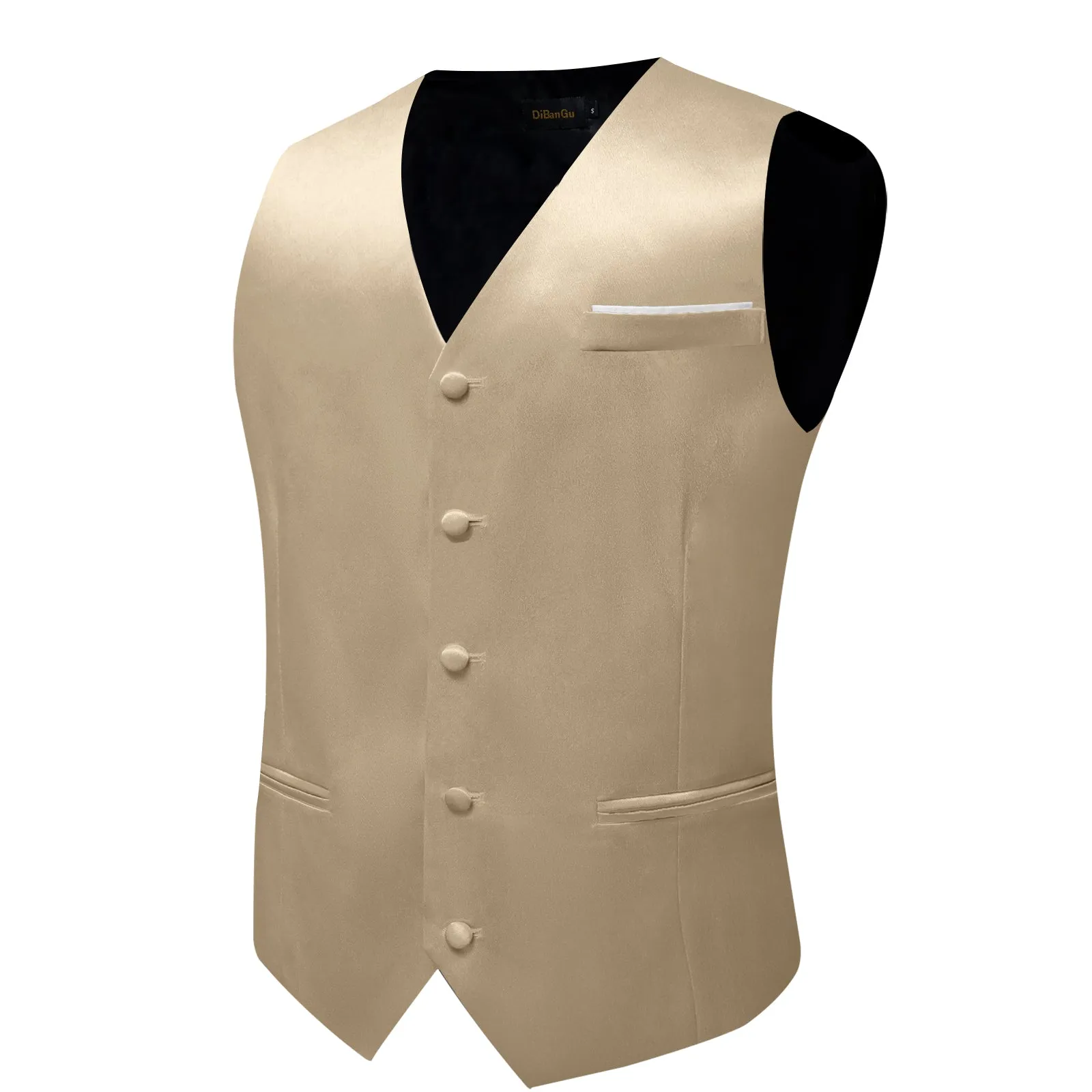 DiBanGu Mens Suit Vest Champagne Solid Satin Waistcoat Vest Tie Handkerchief Cufflinks Set