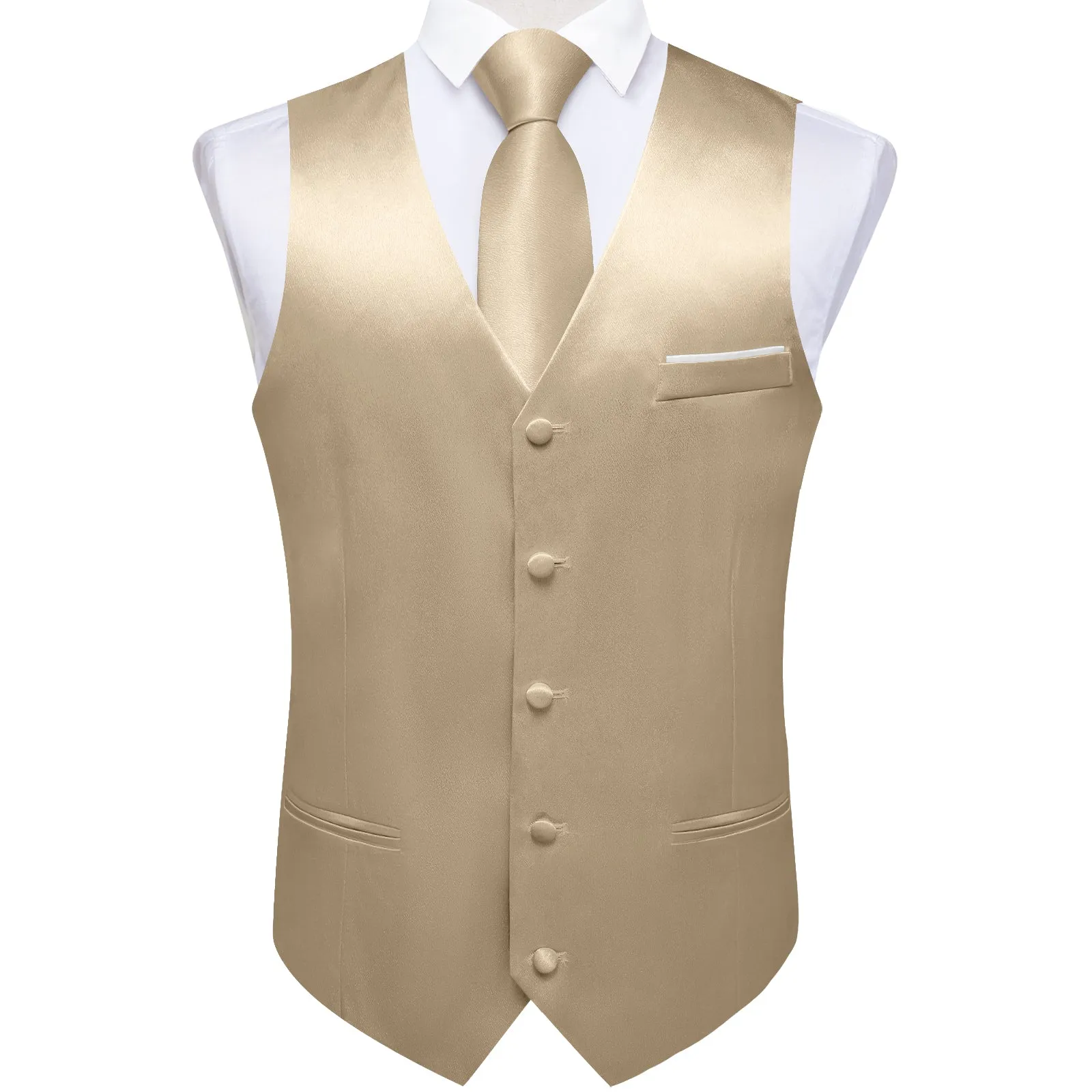 DiBanGu Mens Suit Vest Champagne Solid Satin Waistcoat Vest Tie Handkerchief Cufflinks Set