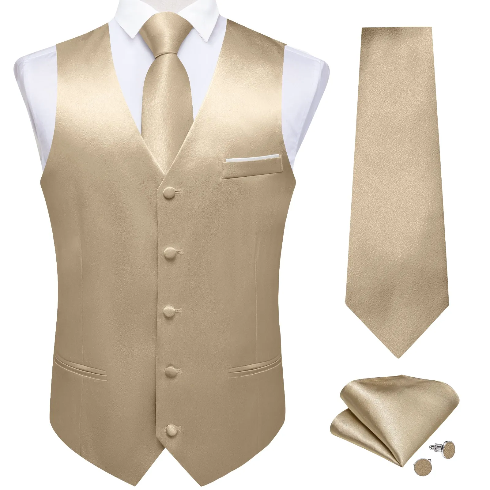 DiBanGu Mens Suit Vest Champagne Solid Satin Waistcoat Vest Tie Handkerchief Cufflinks Set