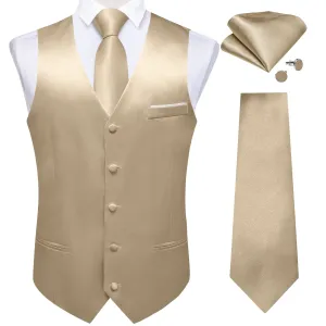 DiBanGu Mens Suit Vest Champagne Solid Satin Waistcoat Vest Tie Handkerchief Cufflinks Set