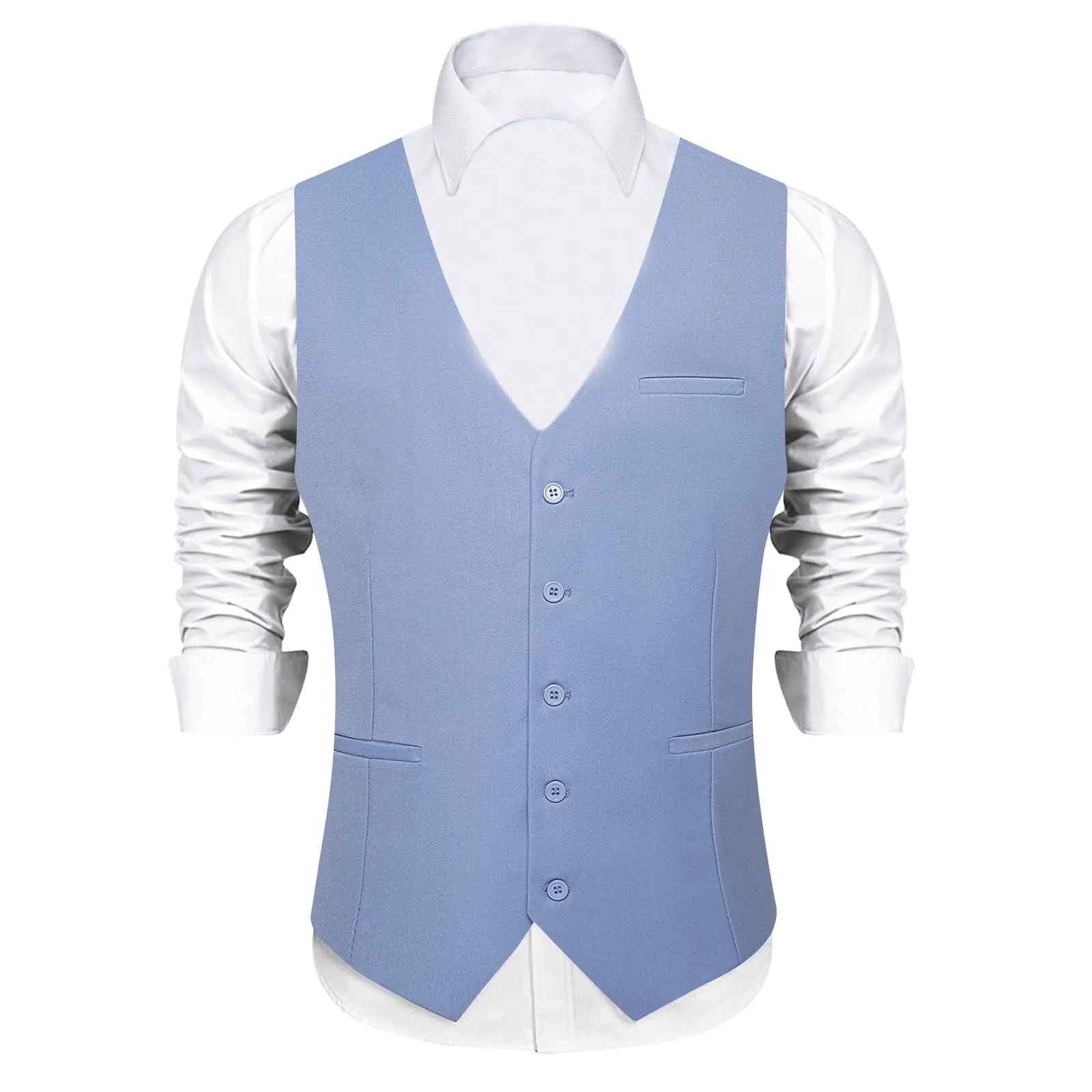 DiBanGu Mens Vest Carolina blue Solid V Neck Waistcoat Silk Dress Button Vest