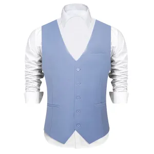 DiBanGu Mens Vest Carolina blue Solid V Neck Waistcoat Silk Dress Button Vest