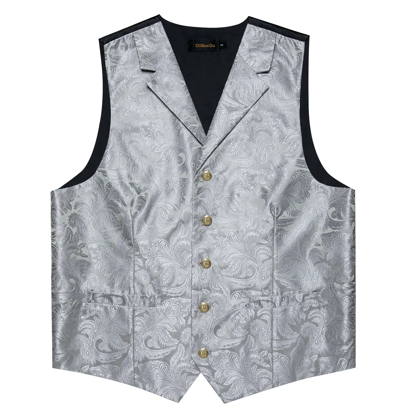 DiBanGu Notched Collar Vest Silver Grey Floral Jacquard V Neck Waistcoat Tie Hanky Cufflinks Set