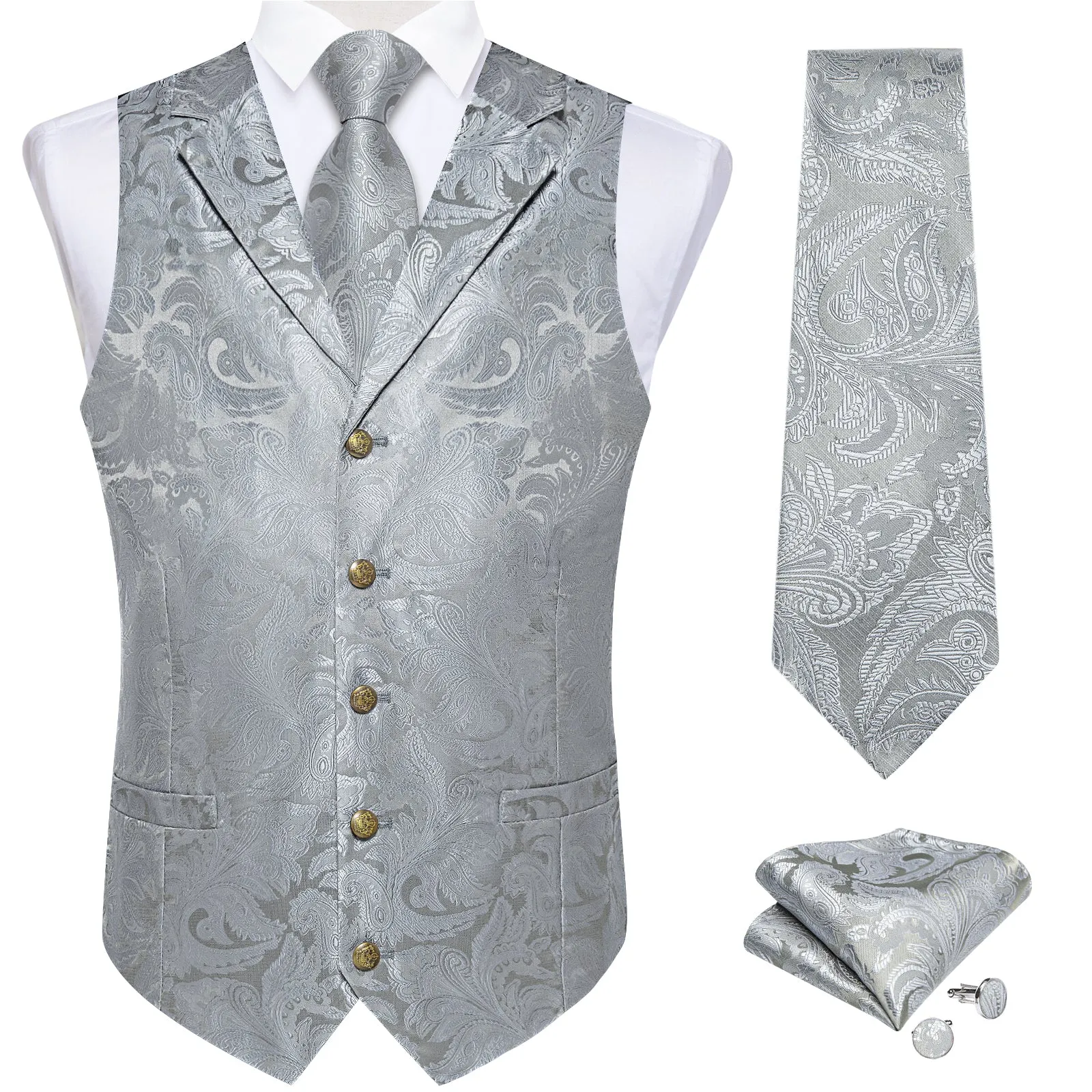 DiBanGu Notched Collar Vest Silver Grey Floral Jacquard V Neck Waistcoat Tie Hanky Cufflinks Set