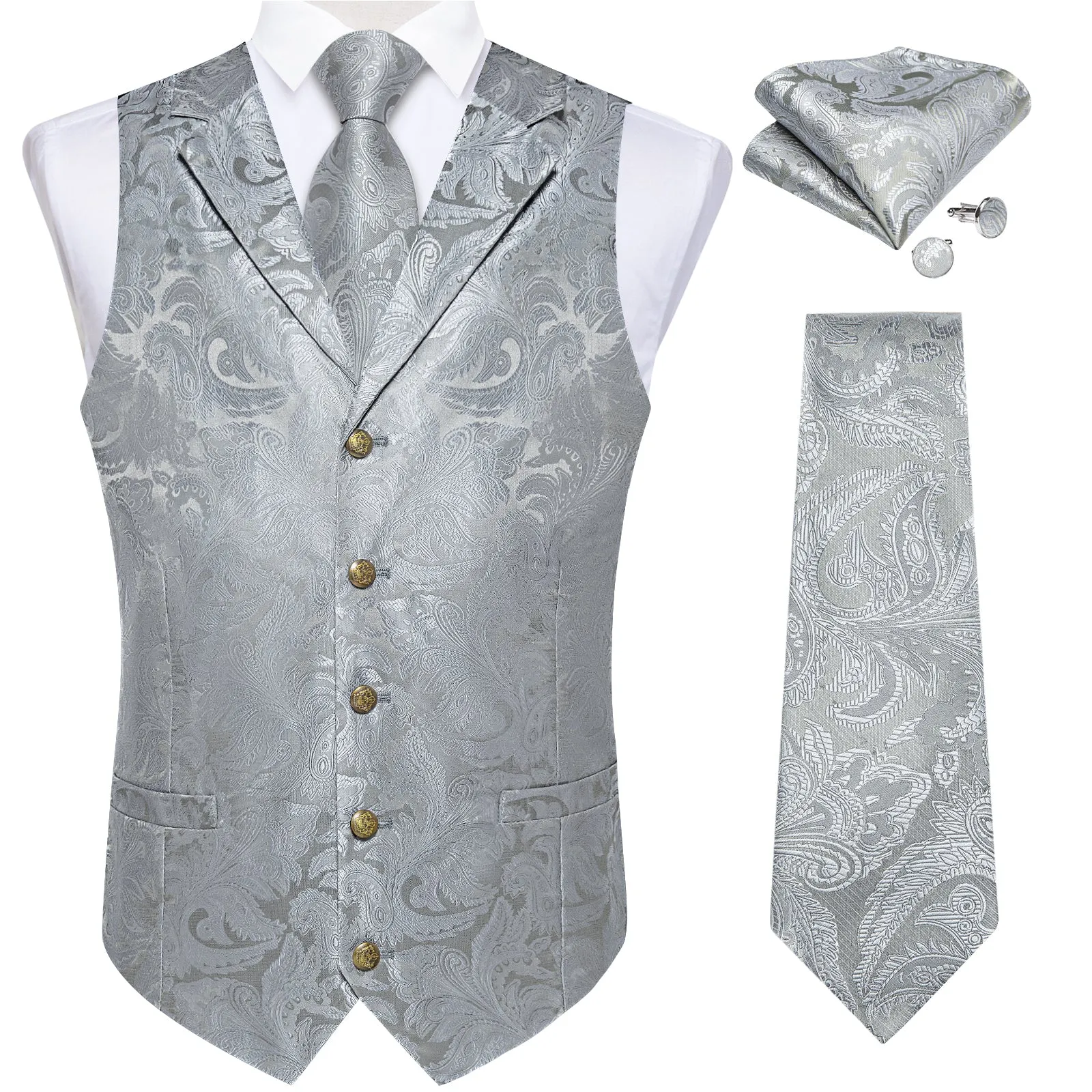 DiBanGu Notched Collar Vest Silver Grey Floral Jacquard V Neck Waistcoat Tie Hanky Cufflinks Set