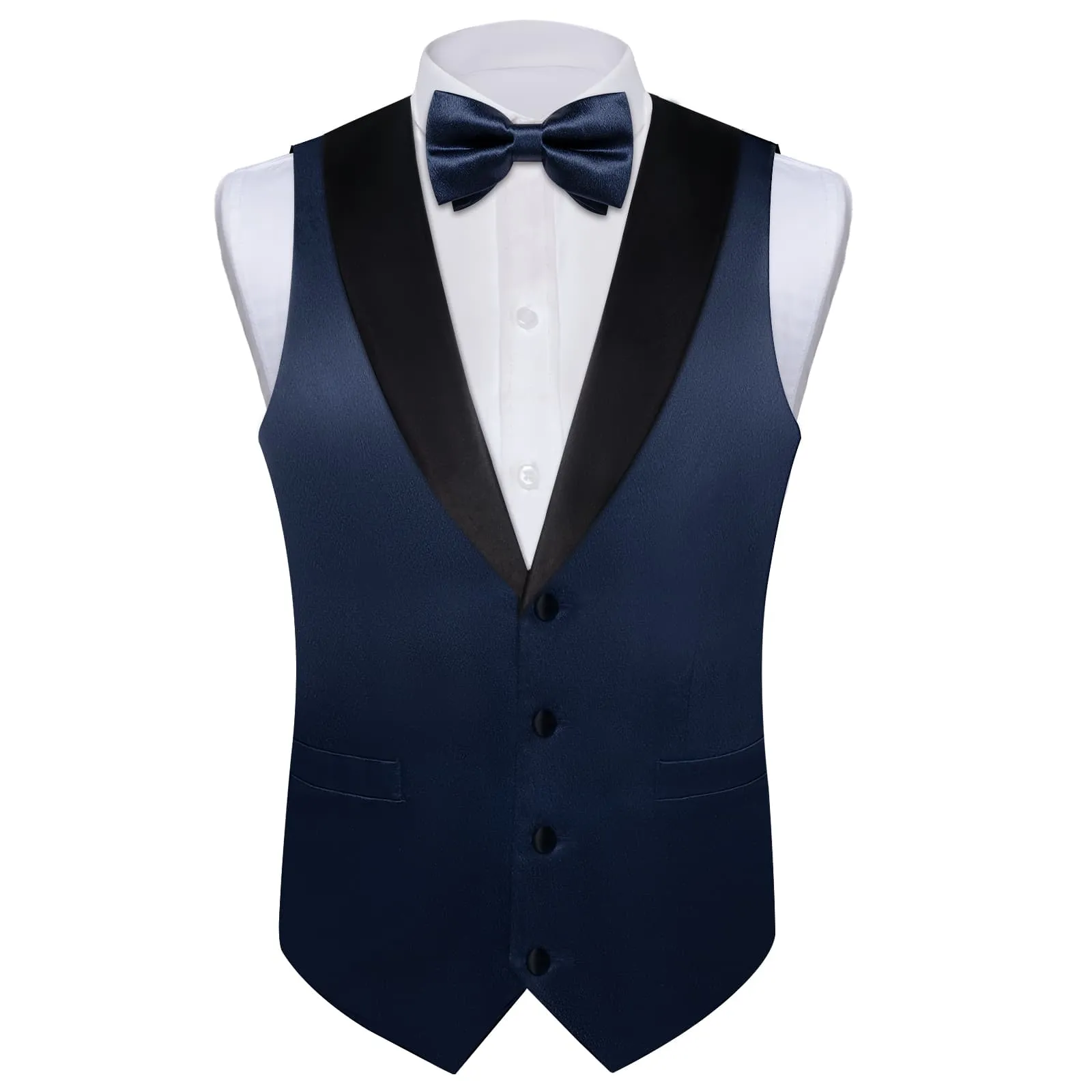 DiBanGu Tuxedo Vest Deep Blue Solid Silk Mens Button Up Dress Shawl Collar Vest and Bow Tie Set