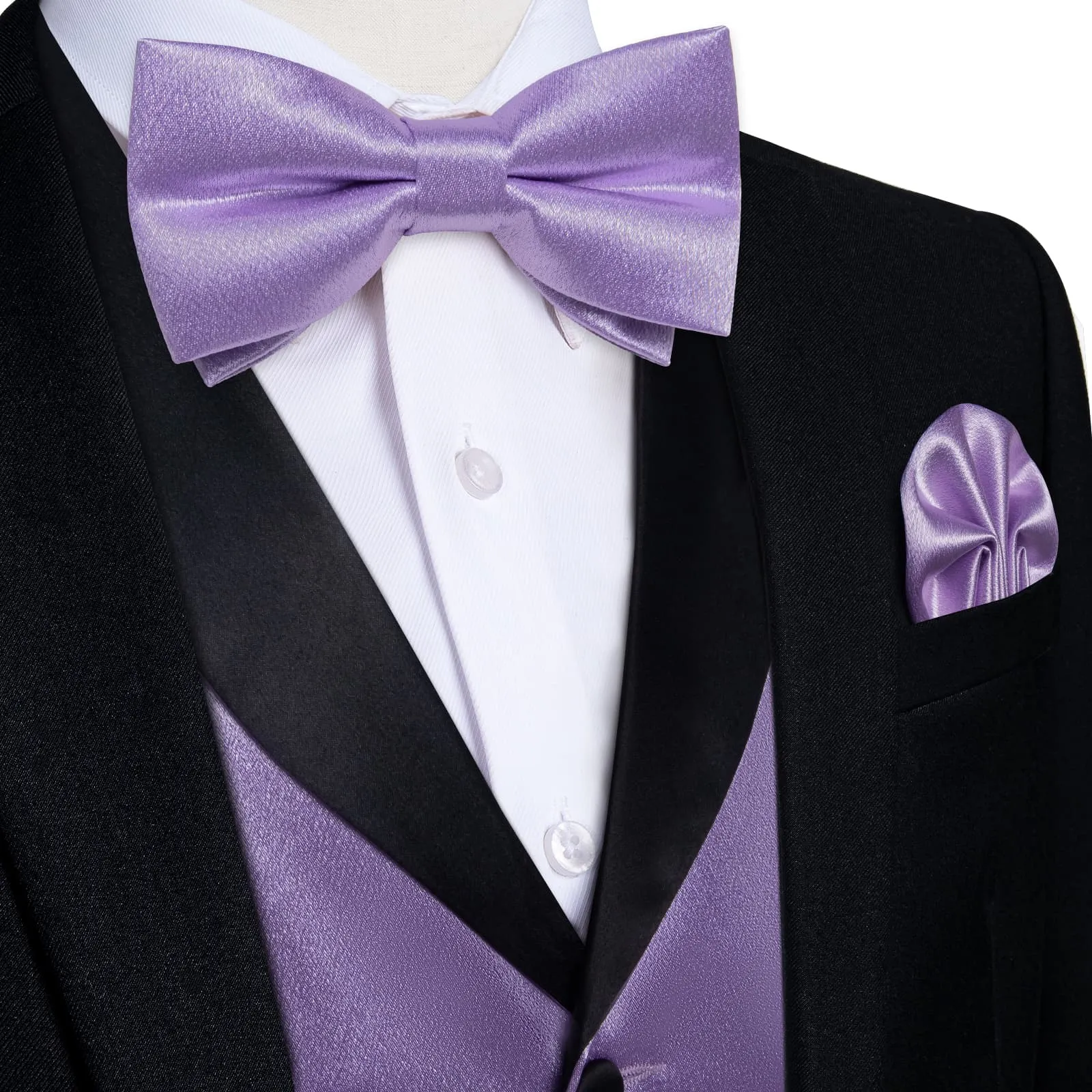 DiBanGu Tuxedo Vest Lavender Purple Solid Silk Mens Dress Button Vest and Bow Tie Set