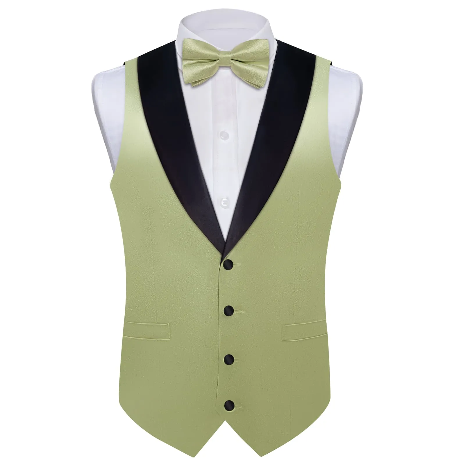 DiBanGu Tuxedo Vest Olive Green Solid Silk Mens Button Vest and Bow Tie Set