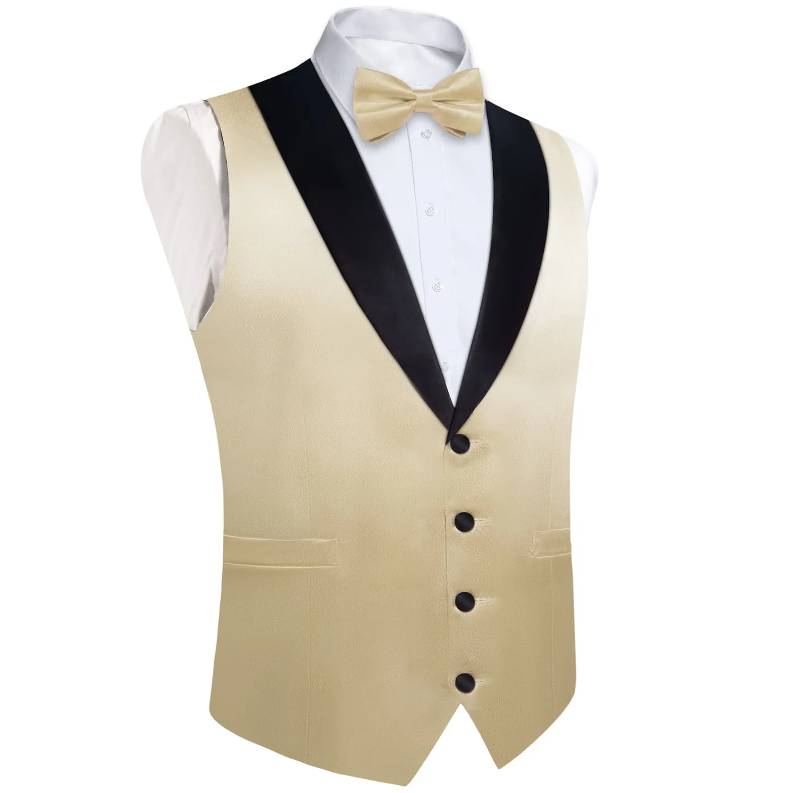 DiBanGu Tuxedo Vest Pearl White Solid Silk Mens Button Dress Wedding Vest Bow Tie Set