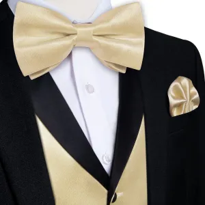 DiBanGu Tuxedo Vest Pearl White Solid Silk Mens Button Dress Wedding Vest Bow Tie Set