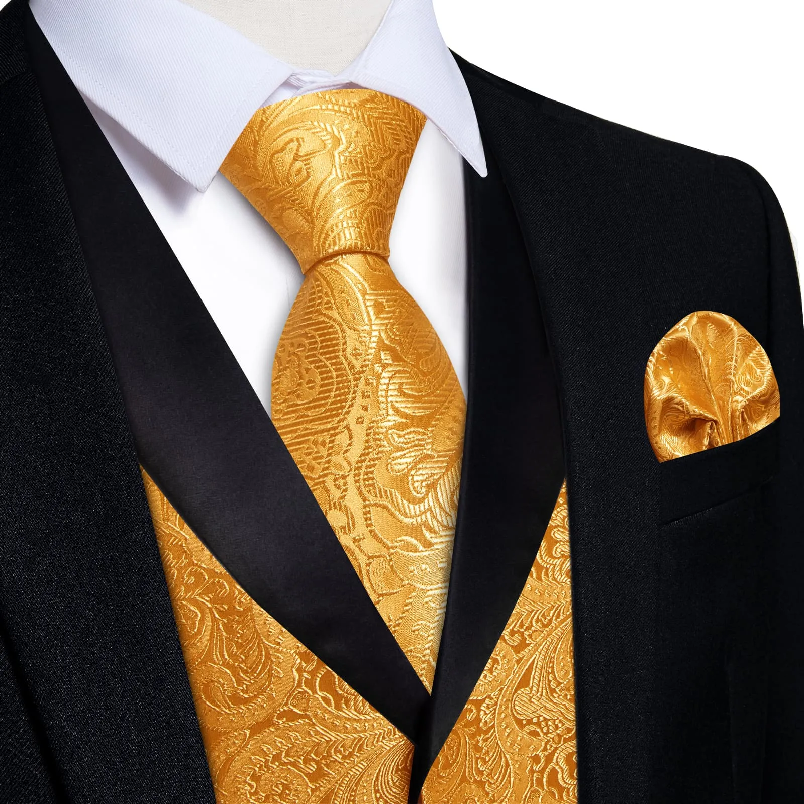 DiBanGu Urobilin Yellow Floral Silk Shawl Collar Mens Dress Vest Tie Set