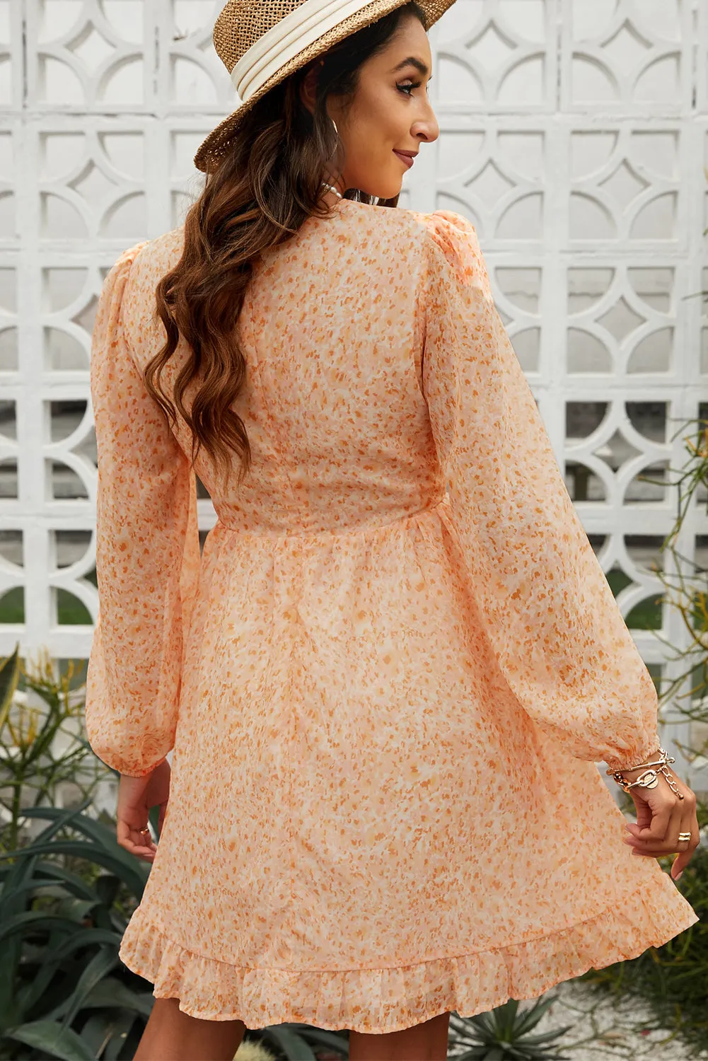 Ditsy Floral Cutout Drawstring Detail Puff Sleeve Dress