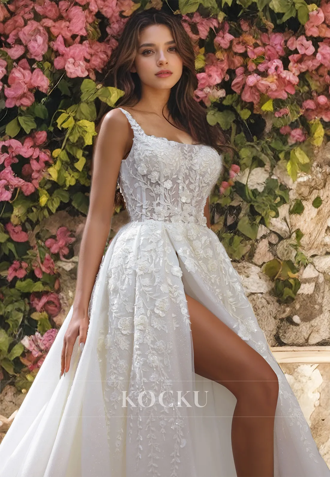 Elegant & Luxurious Square Straps Appliques A-Line Split Wedding Dress