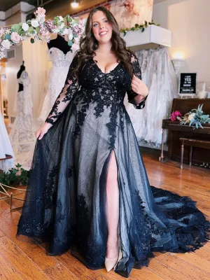 Elegant Dark Navy Long Prom Dress Long Sleeve A-line Lace Elegant Evening Gowns SLD005