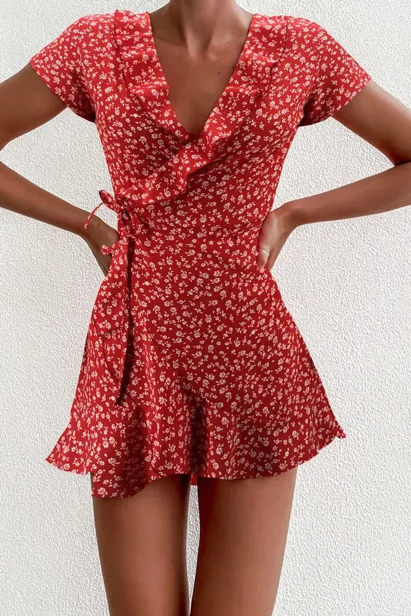 Elegant Floral Ruffles V-neck Bandage Flowers Mini Dress