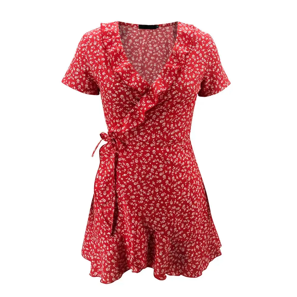 Elegant Floral Ruffles V-neck Bandage Flowers Mini Dress