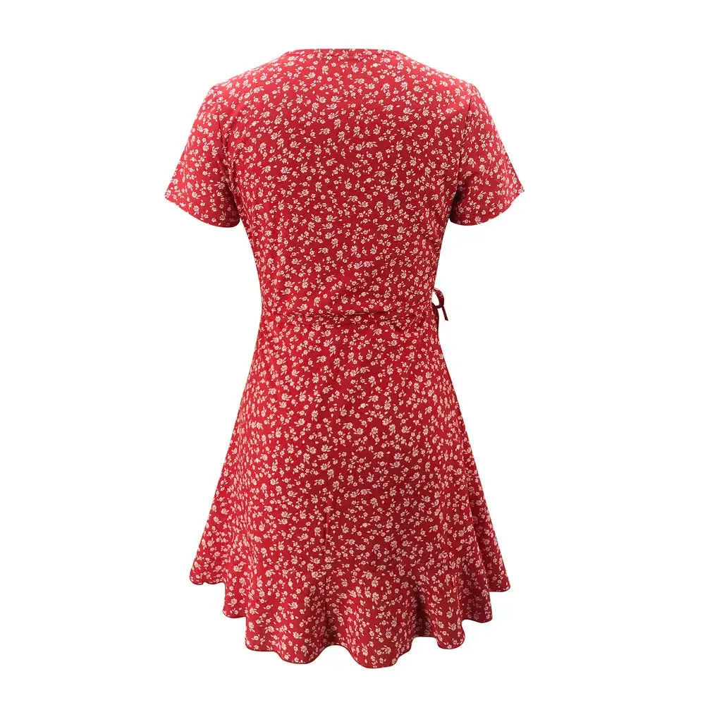 Elegant Floral Ruffles V-neck Bandage Flowers Mini Dress