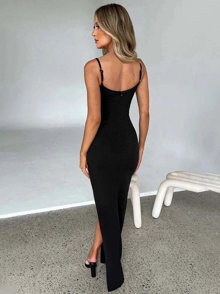 Elegant Long Slim Bodycon Spaghetti High Split Sexy Spring Summer Maxi Dress