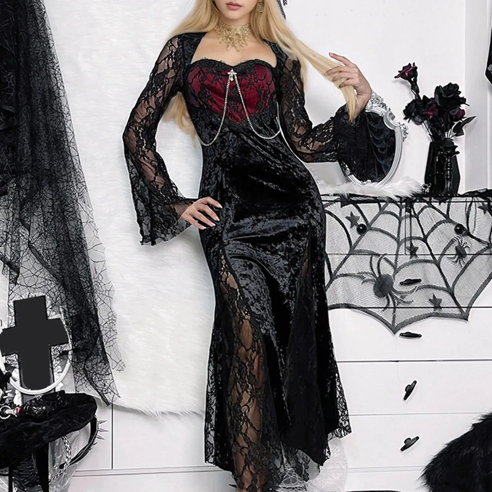 Elegant Mall Gothic Evening Grunge Aesthetic E-girl Velvet Midi Lace Splice Sexy Split Casual Goth Dress