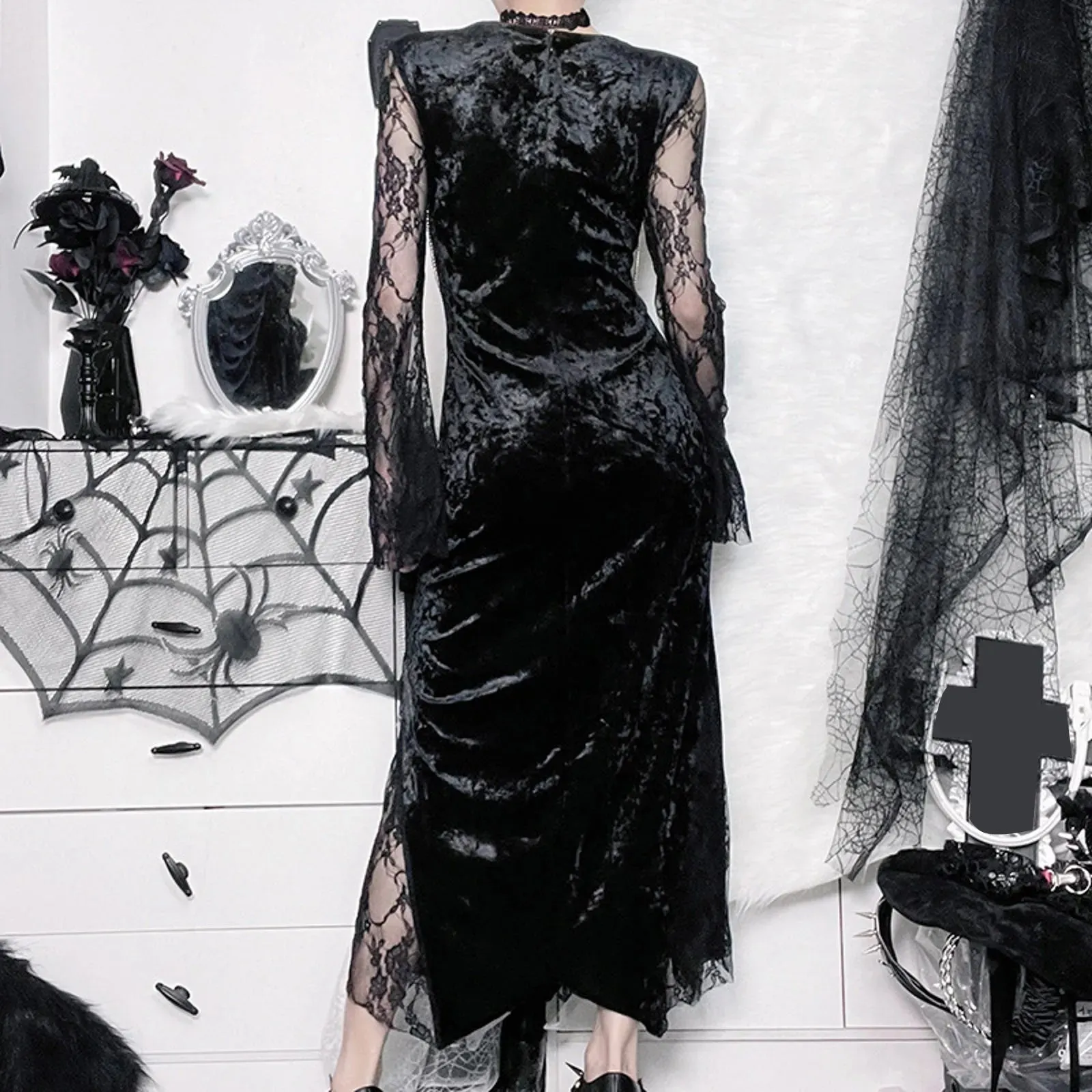 Elegant Mall Gothic Evening Grunge Aesthetic E-girl Velvet Midi Lace Splice Sexy Split Casual Goth Dress