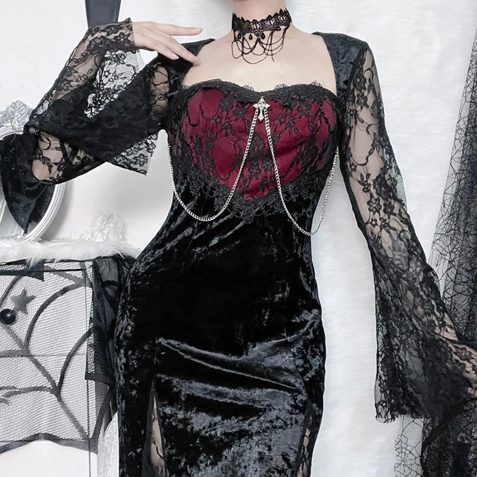 Elegant Mall Gothic Evening Grunge Aesthetic E-girl Velvet Midi Lace Splice Sexy Split Casual Goth Dress