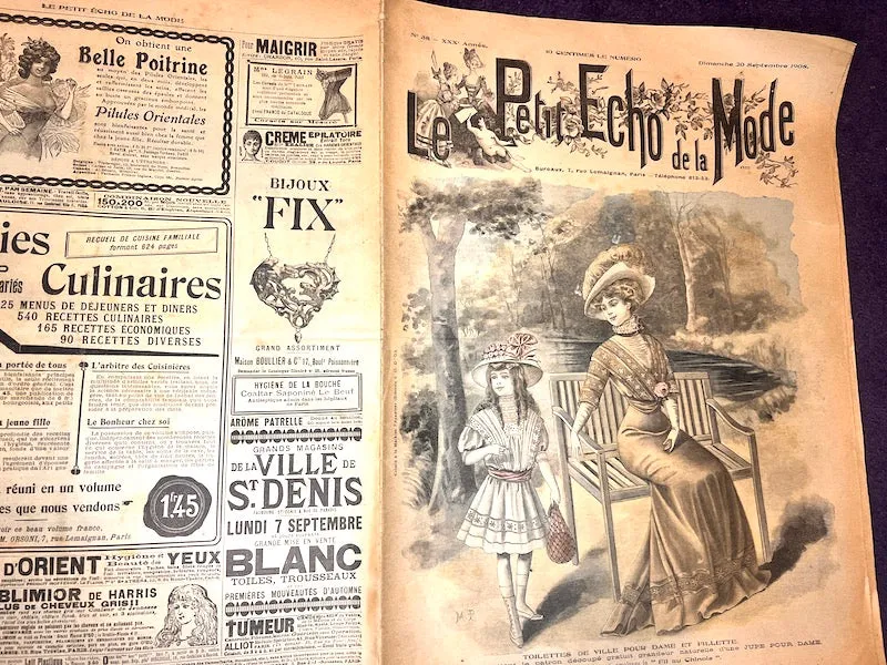 Elegant mother and Daughter in September 1908 French Magazine Le Petit Echo de la Mode