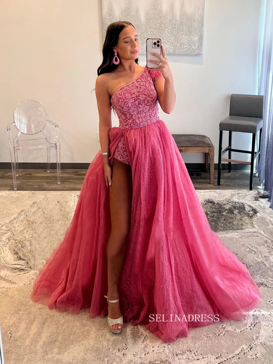 Elegant One Shoulder Prom Dress Pink Feather Formal Dress Pageant Dress #JKP001