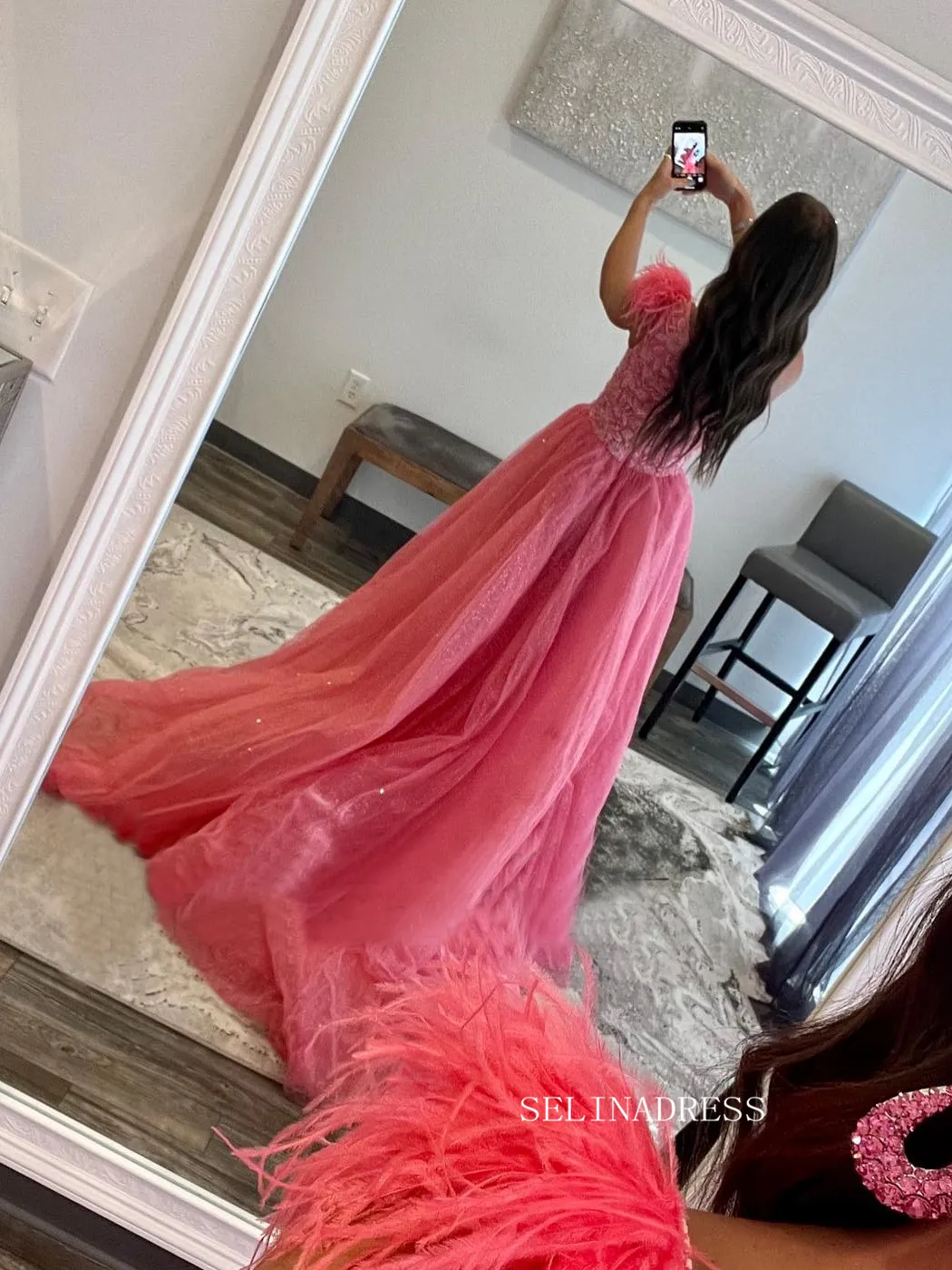 Elegant One Shoulder Prom Dress Pink Feather Formal Dress Pageant Dress #JKP001