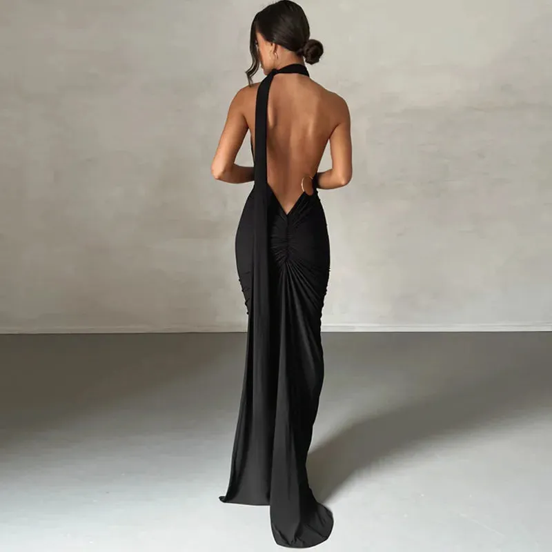 Elegant One Shoulder Ruched Maxi Dress with Split Hem