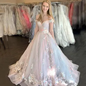 Elegant Pink Blue Off-shoulder Floral A-line Long Prom Dress