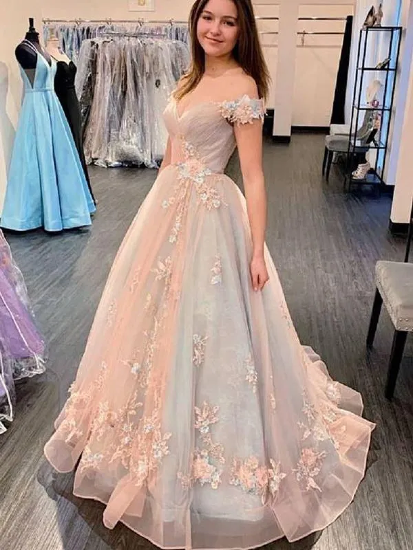 Elegant Pink Blue Off-shoulder Floral A-line Long Prom Dress