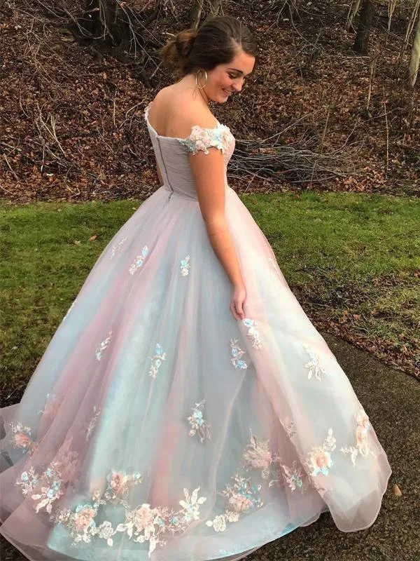 Elegant Pink Blue Off-shoulder Floral A-line Long Prom Dress