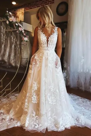 Elegant V neck Embroidery Lace Wedding Dresses Rustic Backless Wedding Gowns EWR810