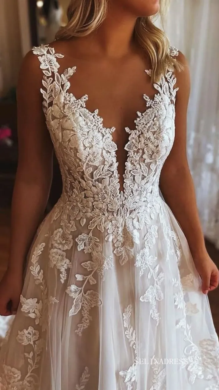 Elegant V neck Embroidery Lace Wedding Dresses Rustic Backless Wedding Gowns EWR810