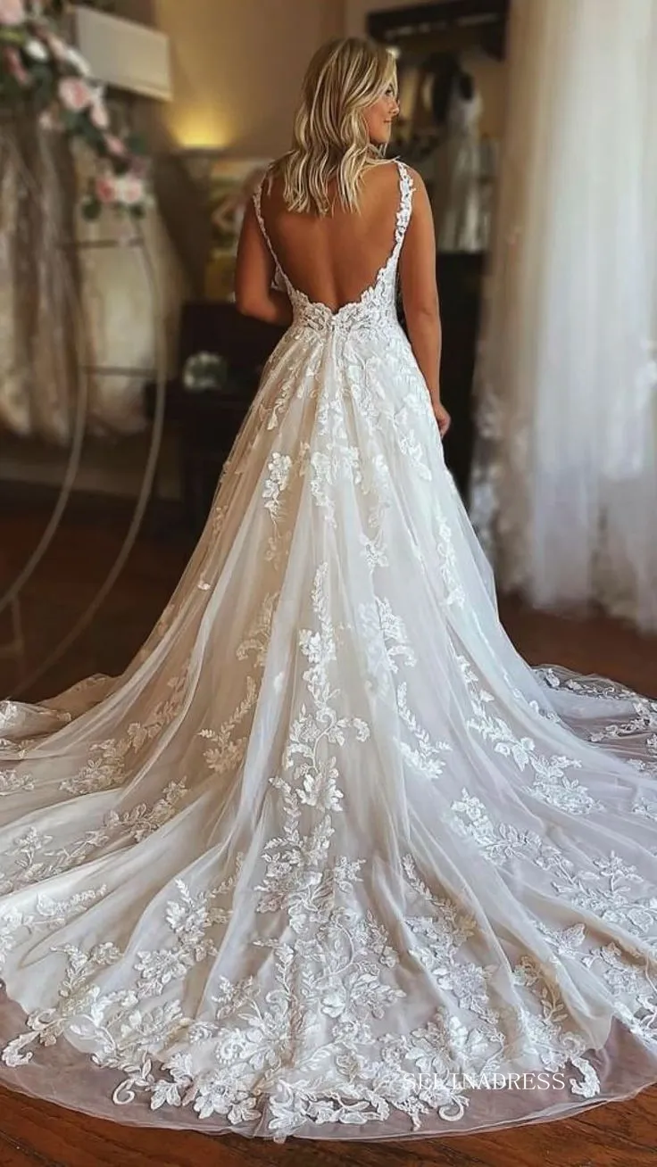 Elegant V neck Embroidery Lace Wedding Dresses Rustic Backless Wedding Gowns EWR810