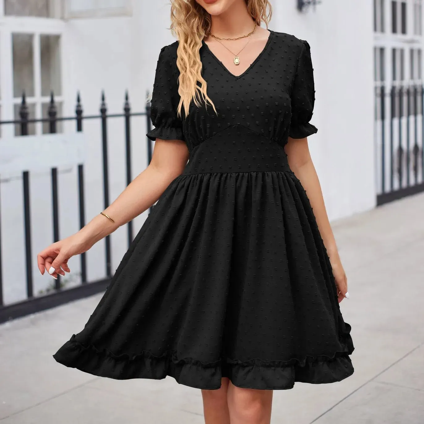 Elegant V-neck Short Sleeve Ruffles Loose A-line Mini Dress for Women