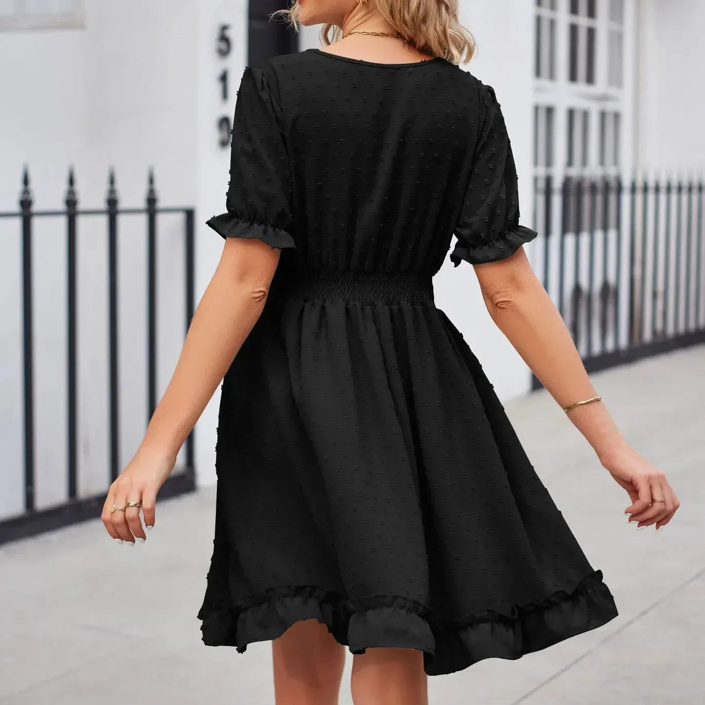 Elegant V-neck Short Sleeve Ruffles Loose A-line Mini Dress for Women