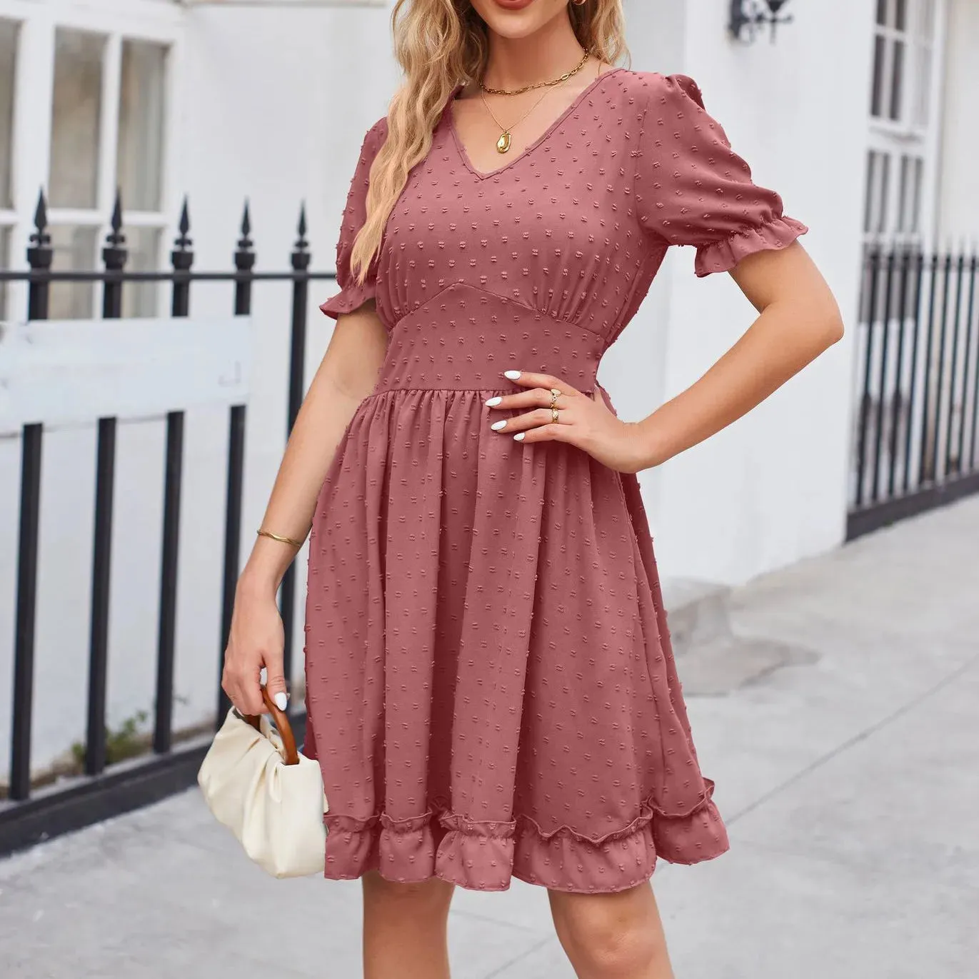 Elegant V-neck Short Sleeve Ruffles Loose A-line Mini Dress for Women