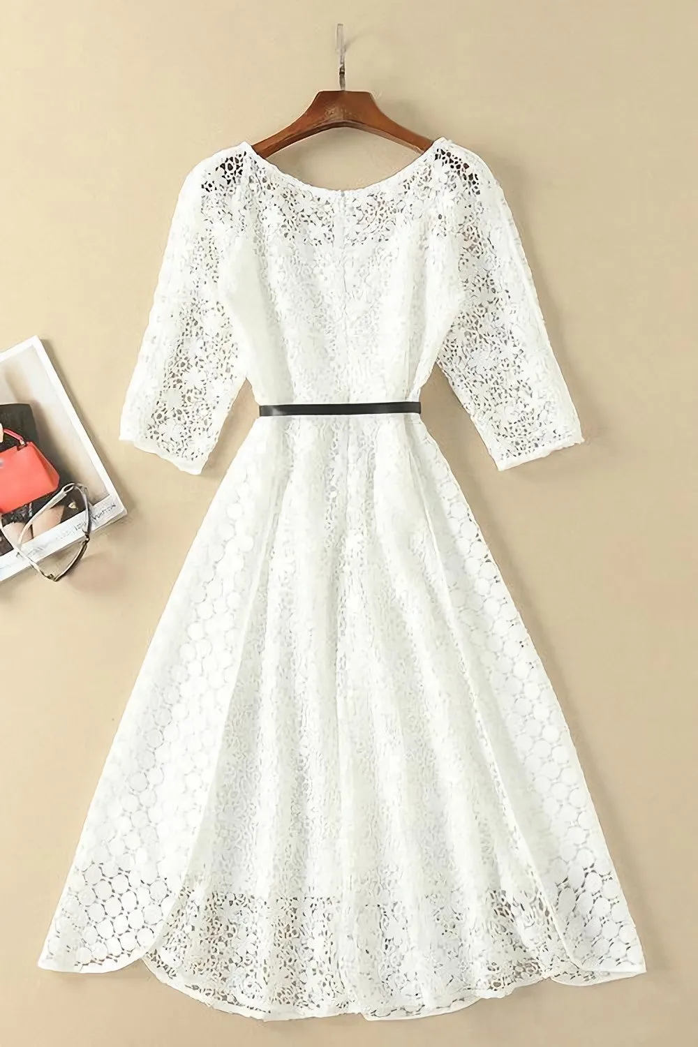 Elegant White Half Sleeve Lace Round Neck Homecoming Dresses Belt Ankle Knee Prom Dress H1127