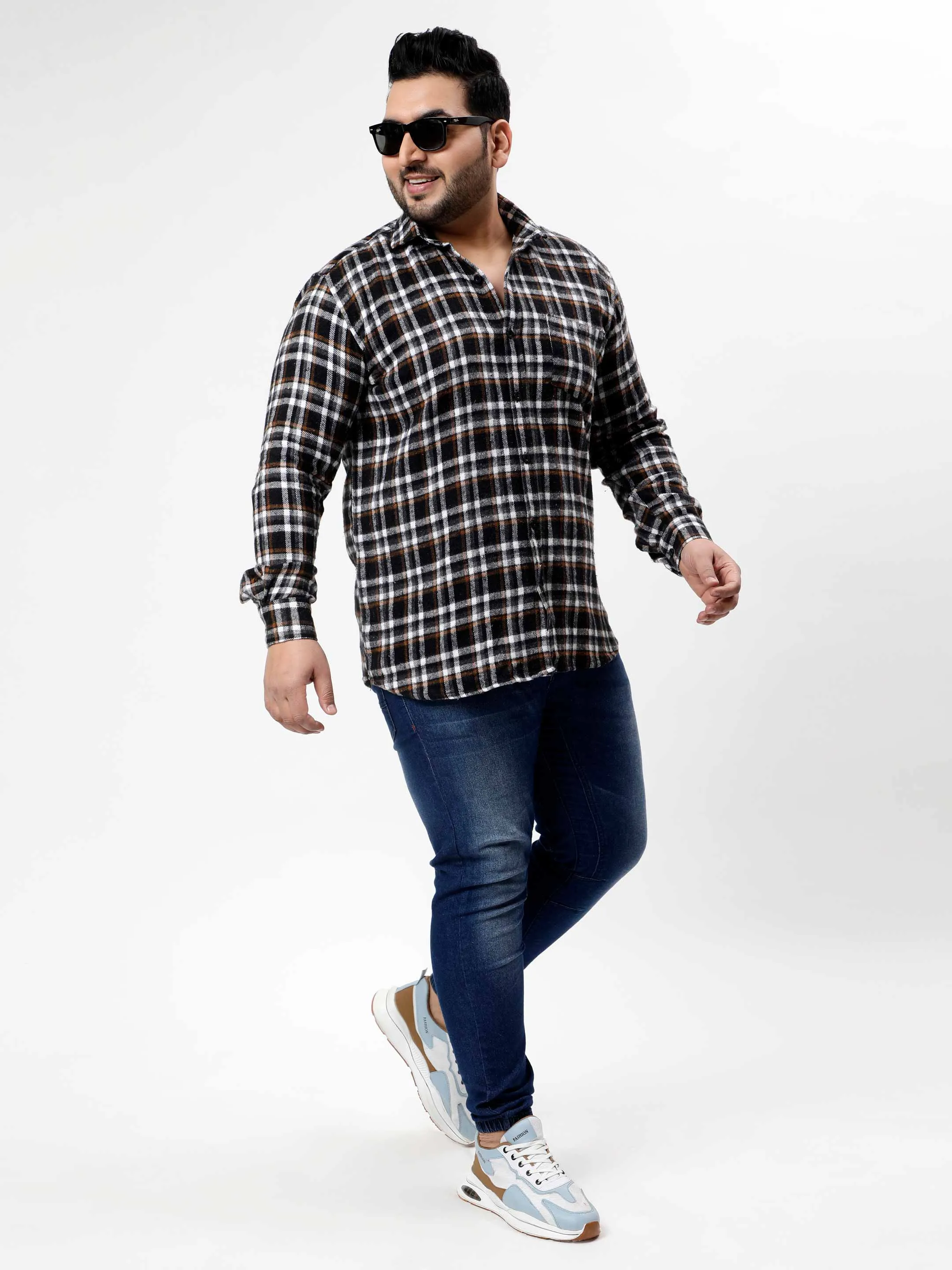 Flannel Brown Striped Checked Plus Size Shirt