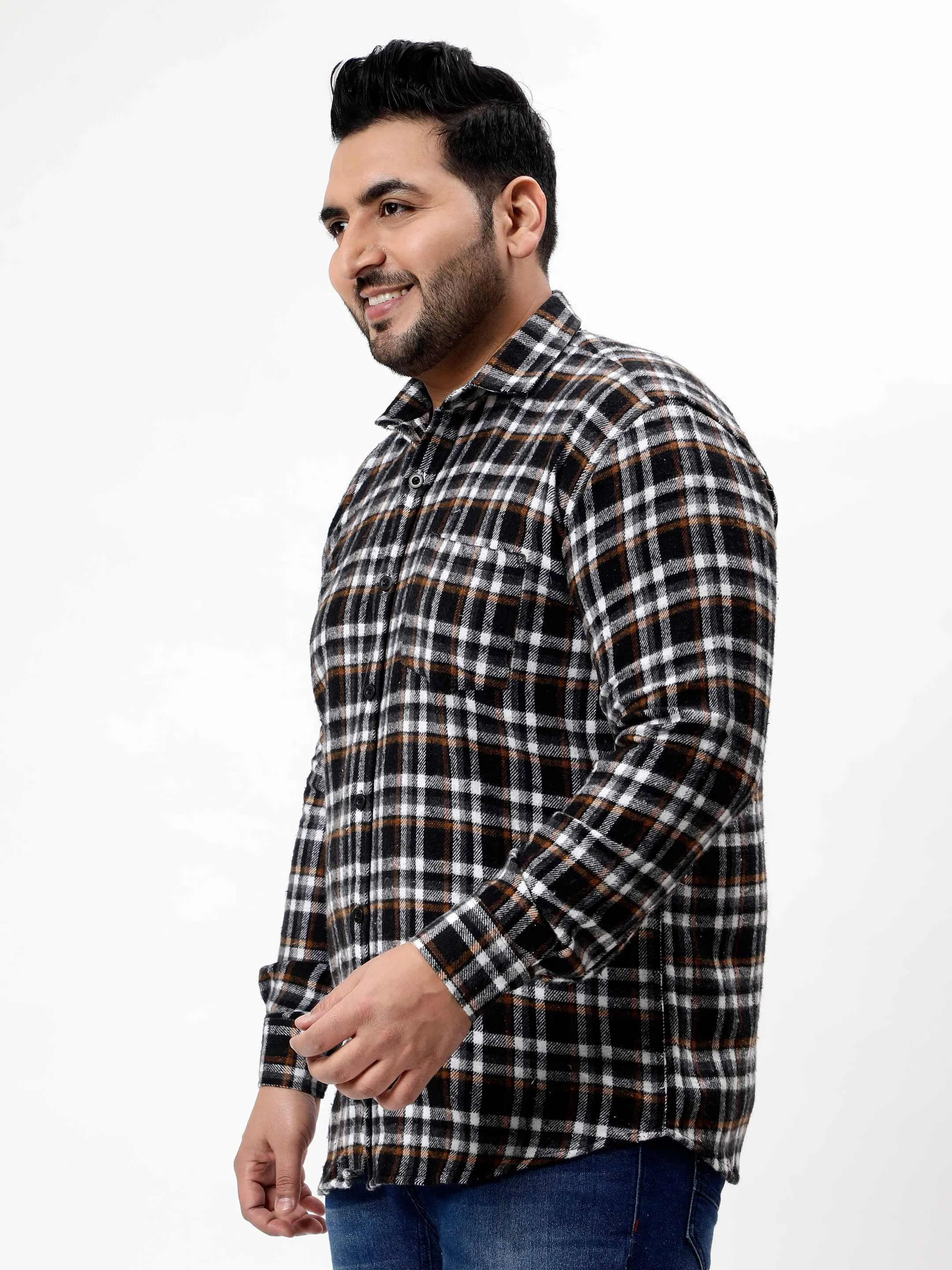 Flannel Brown Striped Checked Plus Size Shirt